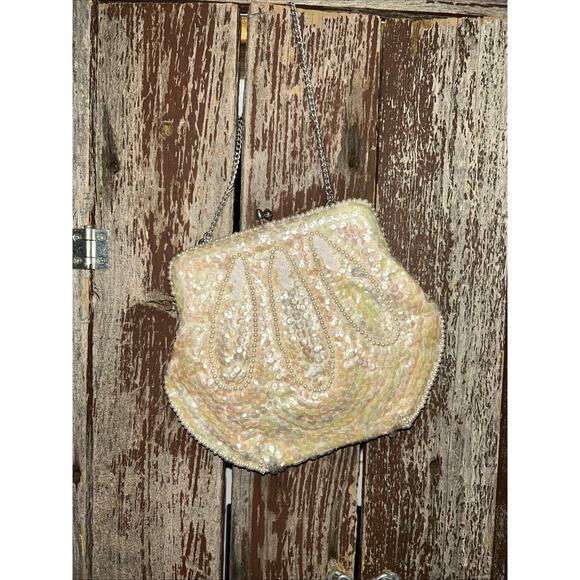 Debbie Handbags - White Pearl/Sequence Purse Bag Chain Kiss Lock Handle Debbie 7" x 6” Evening